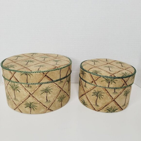 Vintage 2pc Sewing Box Storage Round Palm Trees & Bamboo Storage 7.25" & 5.5" - Picture 2 of 12